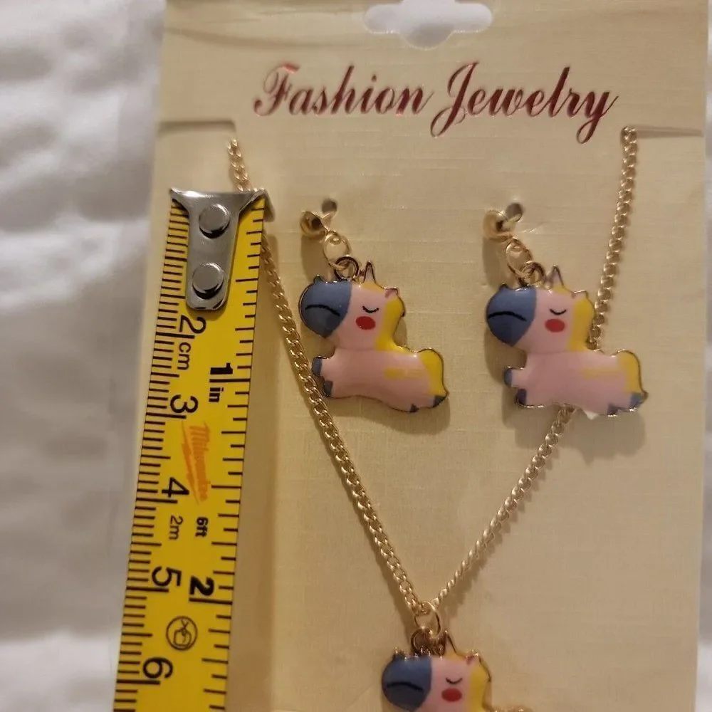 Fashion Jewelry Girls Multicolor Unicorn Charm Necklace With Earring Set